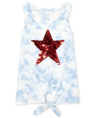 Girls Americana Flip Sequin Star Tie Dye Tie Front Tank Top