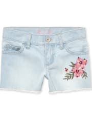 Girls Flower Frayed Hem Denim Shortie Shorts