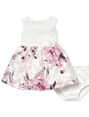 Baby Girls Lace Floral Knit To Woven Dress