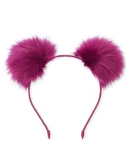 Diadema con pompones y pompones de piel sintética con purpurina para niñas