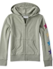 Girls Active Rainbow Embellished French Terry Zip Up Hoodie