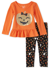 Baby And Toddler Girls Halloween Glitter Pumpkin Leggings Set