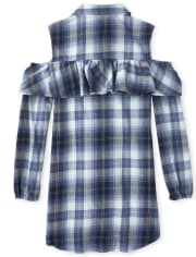 Girls Plaid Cold Shoulder Shirt Dress