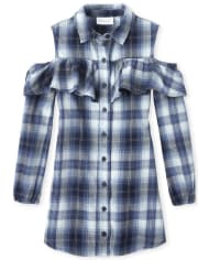 Girls Plaid Cold Shoulder Shirt Dress