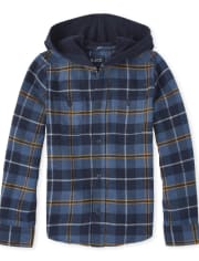 Camisa con botones y capucha de sarga a cuadros para niños