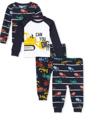 Baby And Toddler Boys Construction Snug Fit Cotton 4-Piece Pajamas