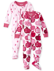 Baby And Toddler Girls Apple Heart Snug Fit Cotton One Piece Pajamas 2-Pack