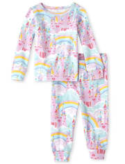 Pijamas de algodón ajustados con castillo arcoíris para bebés y niñas pequeñas