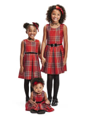 Vestido plisado a juego con cuadros con purpurina para niñas