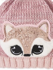 Toddler Girls Sequin Fox Pom Pom Beanie And Mittens Set