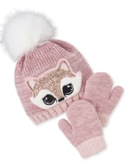 Toddler Girls Sequin Fox Pom Pom Beanie And Mittens Set