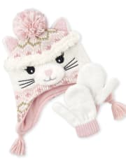 Toddler Girls Glitter Cat Hat And Mittens Set