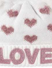 Toddler Girls Glitter Love Pom Pom Beanie And Mittens Set