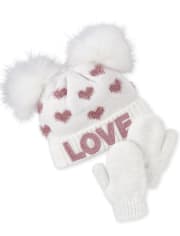 Toddler Girls Glitter Love Pom Pom Beanie And Mittens Set