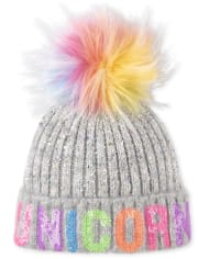 Girls Sequin Unicorn Pom Pom Beanie