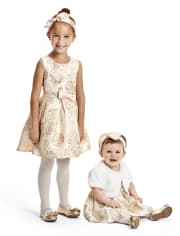 Toddler Girls Metallic Floral Jacquard Matching Pleated Dress