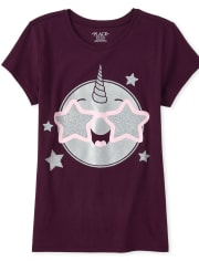 Camiseta con estampado de emojicorn con purpurina para niñas