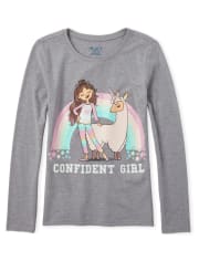 Camiseta con estampado de llamacorn y purpurina para niñas