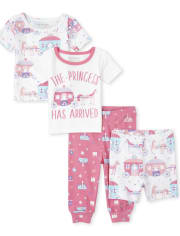 Pijamas de 4 piezas de algodón con ajuste ceñido de princesa para bebés y niñas pequeñas