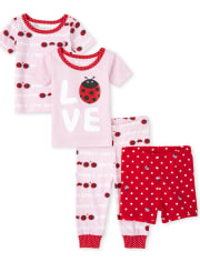 Pijama de 4 piezas de algodón con ajuste ceñido Lady Bug para bebés y niñas pequeñas