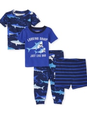 Pyjama 4 pièces en coton ajusté Shark Dad pour bébés et tout-petits garçons