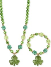 Girls Glitter Shamrock Beaded Necklace And Bracelet Set