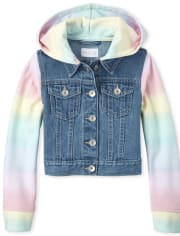Girls Rainbow Hooded Denim Jacket
