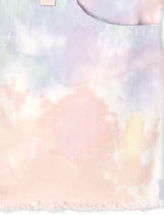 Girls Tie Dye Frayed Hem Denim Shortalls