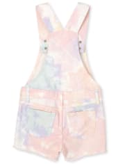 Girls Tie Dye Frayed Hem Denim Shortalls