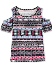 Girls Mix And Match Fair Isle Cold Shoulder Top
