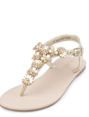 Girls Metallic Glitter Flower T-Strap Sandals