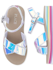 Girls Holographic Rainbow Platform Sandals
