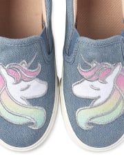 Girls Glitter Unicorn Denim Slip On Sneakers
