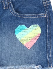Girls Flip Sequin Rainbow Heart Denim Shortie Shorts