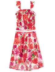 Girls Floral Ruffle Top And High Low Maxi Skirt Set