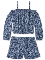 Girls Print Off Shoulder Top And Ruffle Shorts Set
