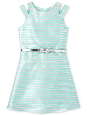 Girls Metallic Striped Jacquard Cut Out Dress