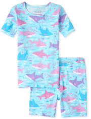 Girls Matching Family Shark Snug Fit Cotton Pajamas