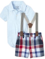 Baby Boys Polo Bodysuit And Plaid Shorts Outfit Set