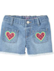 Baby And Toddler Girls Embroidered Watermelon Denim Shortie Shorts