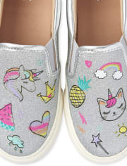 Girls Unicorn Doodle Metallic Slip On Sneakers