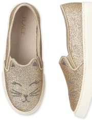 Girls Glitter Cat Slip On Sneakers
