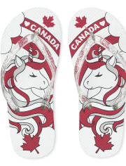Girls Canada Day Glitter Unicorn Flip Flops