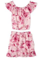 Conjunto de niñas top con volante floral y falda cruzada sintética