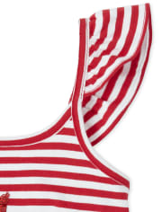 Girls Canada Day Glitter Maple Leaf Striped Ruffle Romper