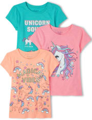 Pack de 3 camisetas con estampado de unicornio y purpurina para niñas