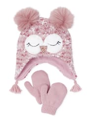 Toddler Girls Owl Hat And Mittens Set