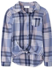 Girls Plaid Twill Tie Front Button Down Shirt