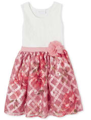 Girls Lace And Floral Knit To Woven Dress