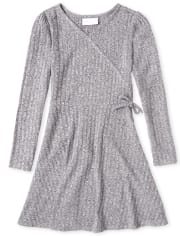 Girls Lightweight Sweater Knit Faux Wrap Dress
